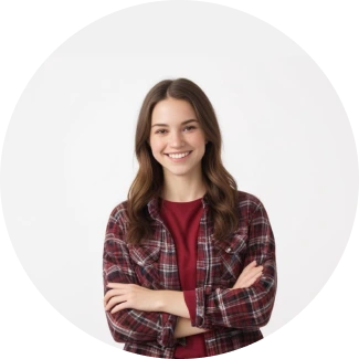 Résilience émotionnelle Adolescente confiante aux longs cheveux bruns, vêtue d'une chemise à carreaux sur un haut rouge, souriant les bras croisés, représentant la résilience à travers le programme YES !