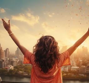 wellness for substance user - a joyful girl with open hands in front of densely populated metropolitan city3