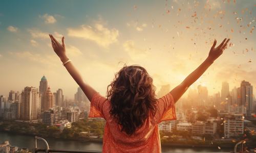 wellness for substance user - a joyful girl with open hands in front of densely populated metropolitan city3