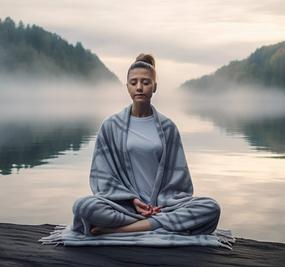 Young lady meditating near lake surrounded by forest