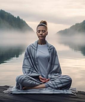 Young lady meditating near lake surrounded by forest