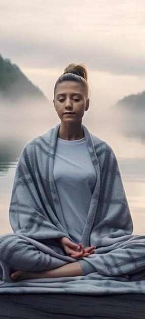 Young lady meditating near lake surrounded by forest