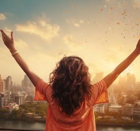 wellness for substance user - a joyful girl with open hands in front of densely populated metropolitan city3