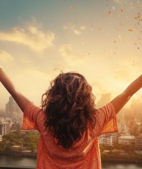 wellness for substance user - a joyful girl with open hands in front of densely populated metropolitan city3