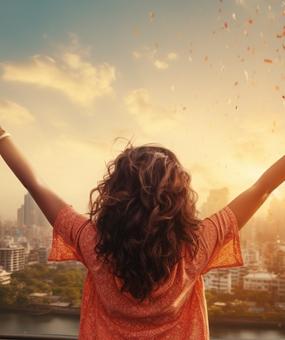 wellness for substance user - a joyful girl with open hands in front of densely populated metropolitan city3