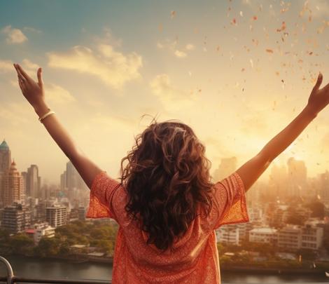 wellness for substance user - a joyful girl with open hands in front of densely populated metropolitan city3