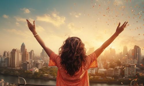 wellness for substance user - a joyful girl with open hands in front of densely populated metropolitan city3