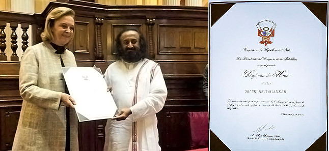 Peru Confers Sri Sri with 3 Awards for his Peace Work